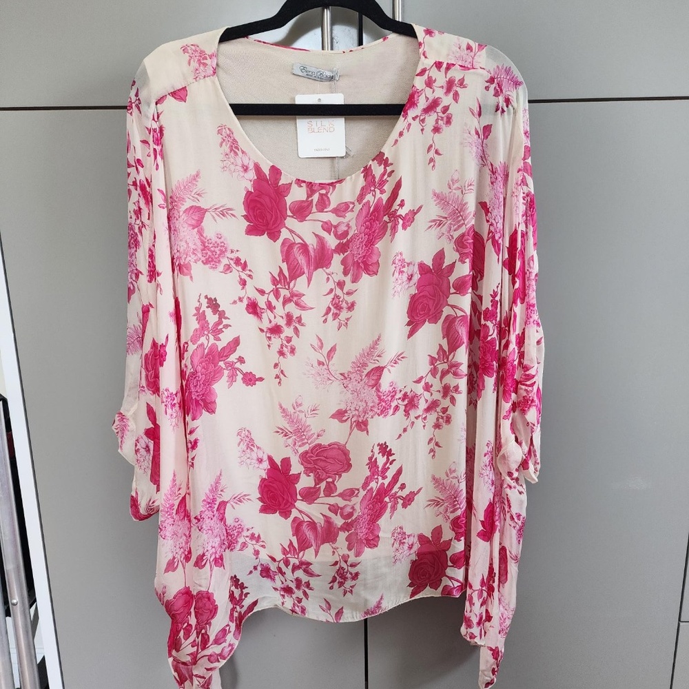 NWT ELENA BALDI SILK BLEND FLOWY FLORAL OVERLAY LINED TUNIC TOP-LARGE